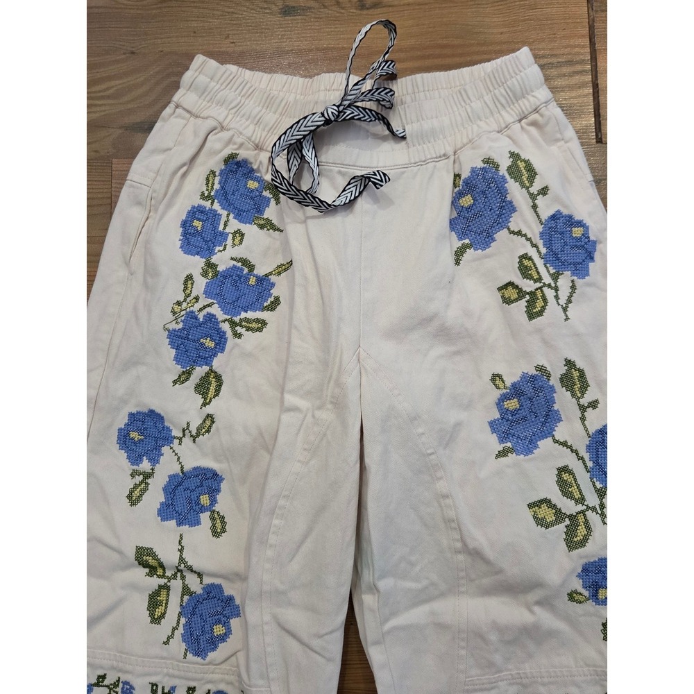 Boho Cottage Core Magnolia Cream Floral Barrel Embroidered Cotton Jogger Small - Picture 3 of 6